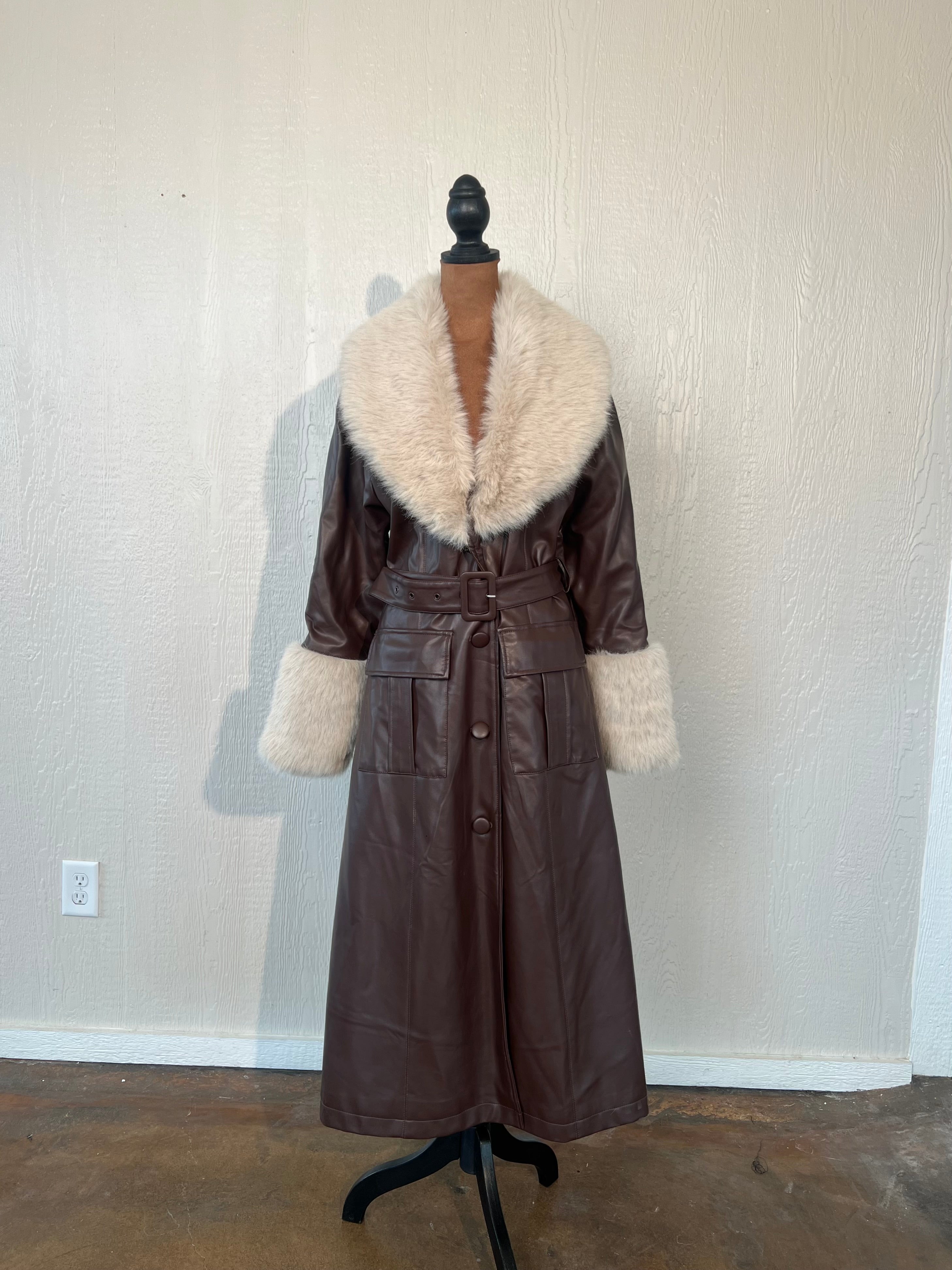 Nasty Gal size 8 faux leather/fur trench coat NWT