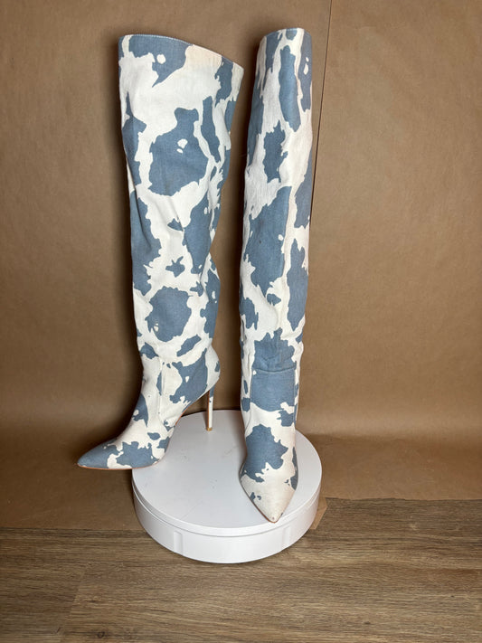 So Me Friare size 10 blue cow print boots LIKE NEW