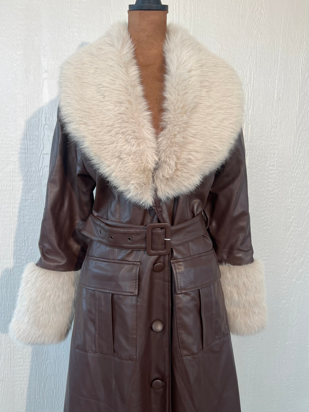 Nasty Gal size 8 faux leather/fur trench coat NWT